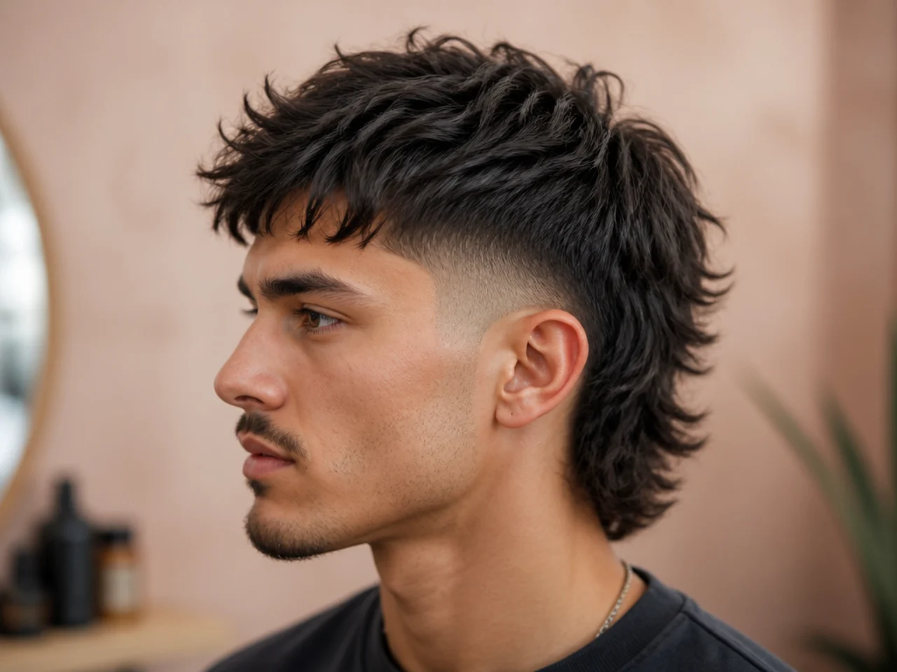 Textured top low fade mullet with choppy point-cut top pieces falling in different directions