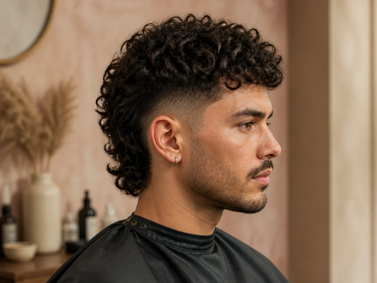 Curly low fade mullet on a man with type 3 curls on top and a defined low fade line at the ear