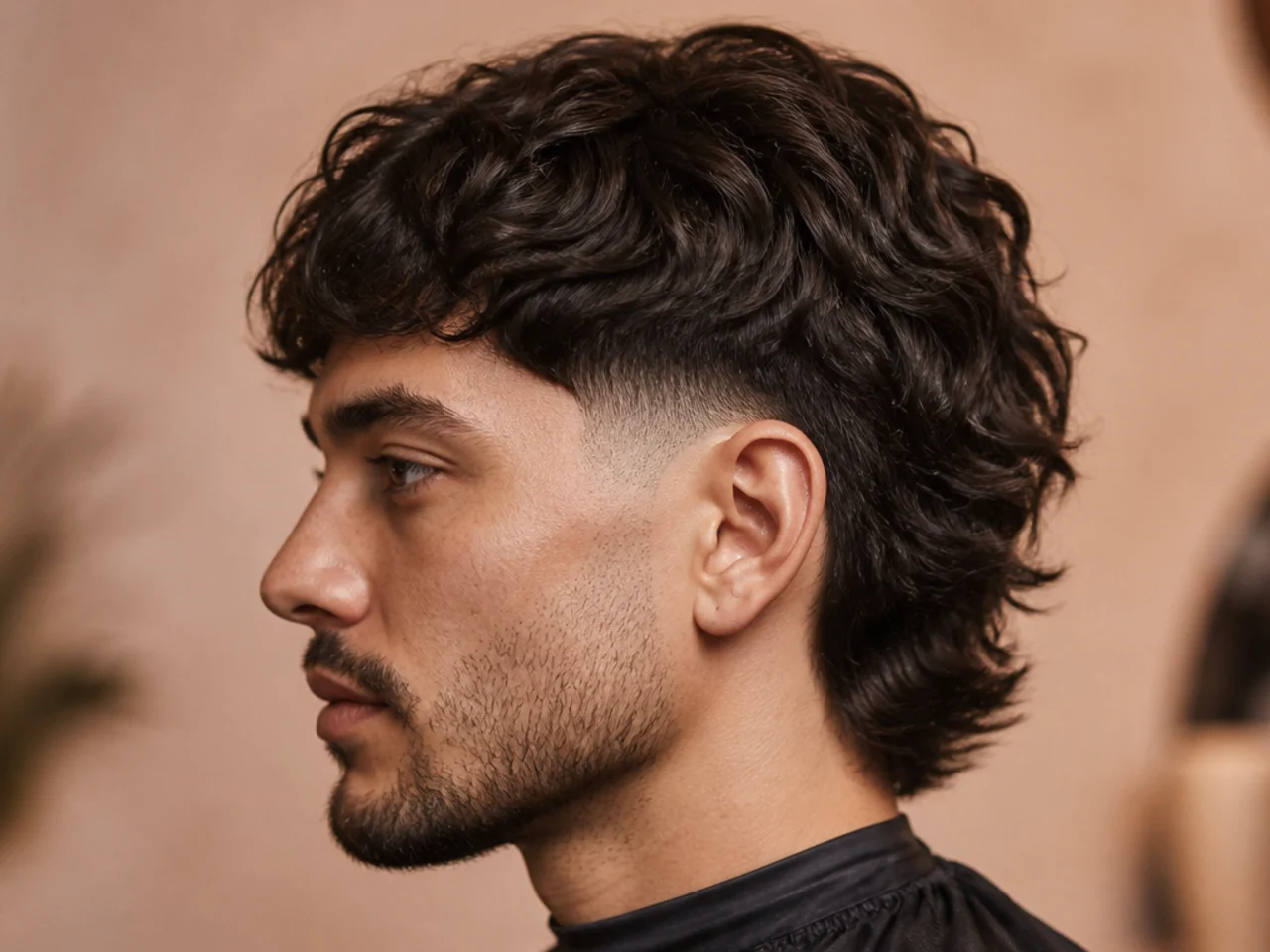Wavy hair low fade mullet with natural movement through the top and back