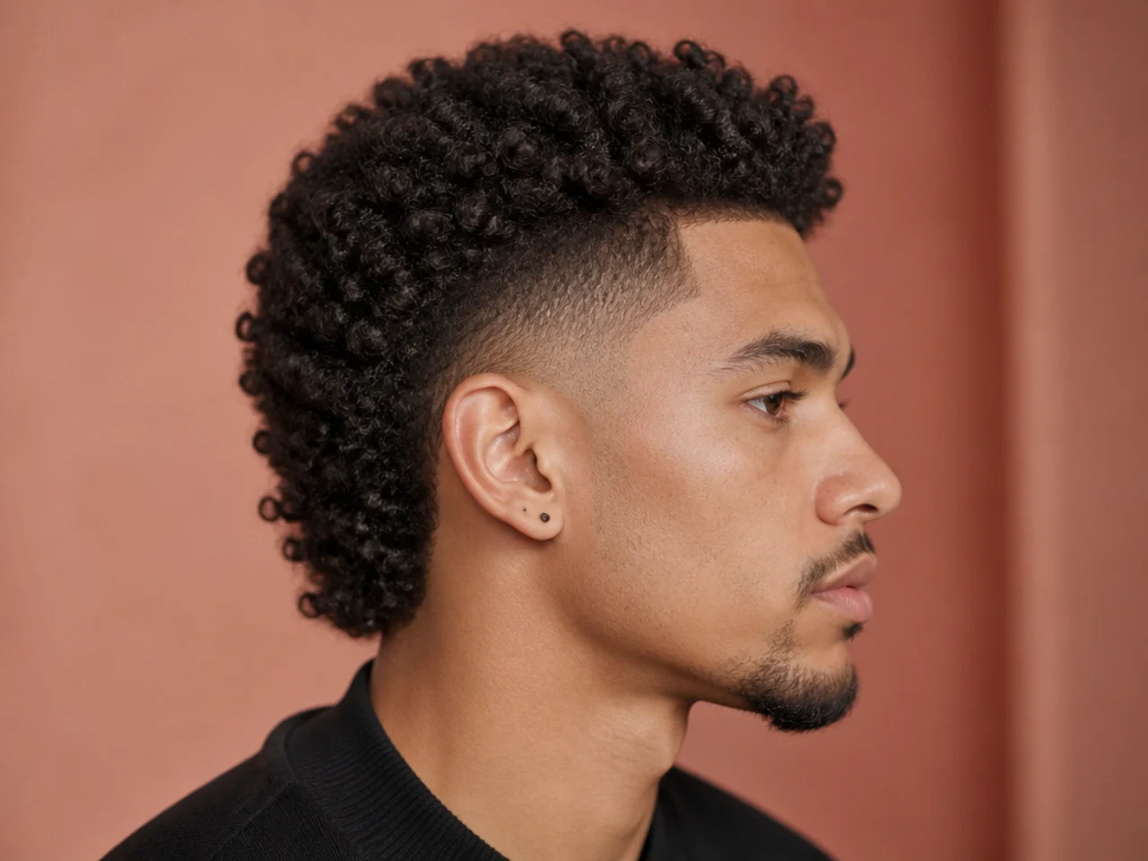 Coily low fade mullet on a Black man with tight top coils and layered back length