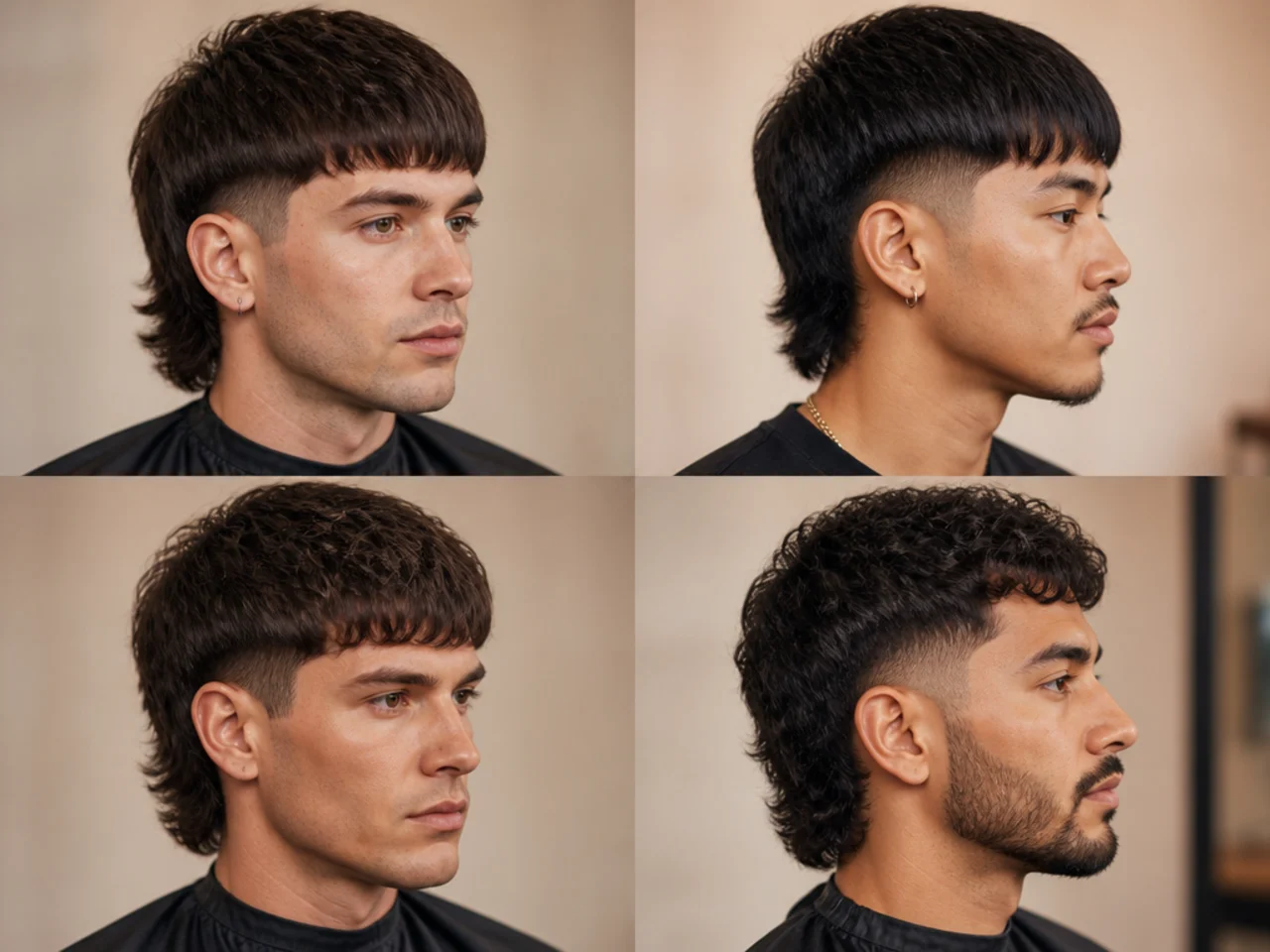 Low fade mullet with a textured fringe falling forward onto the forehead