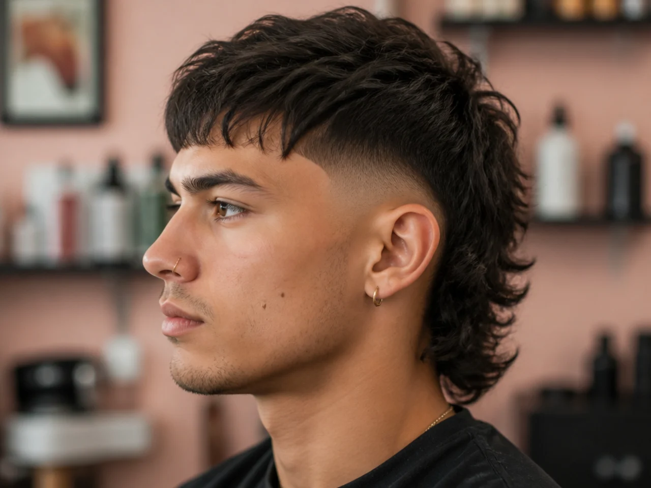 Barber and client discussing a low fade mullet reference photo in a modern barbershop