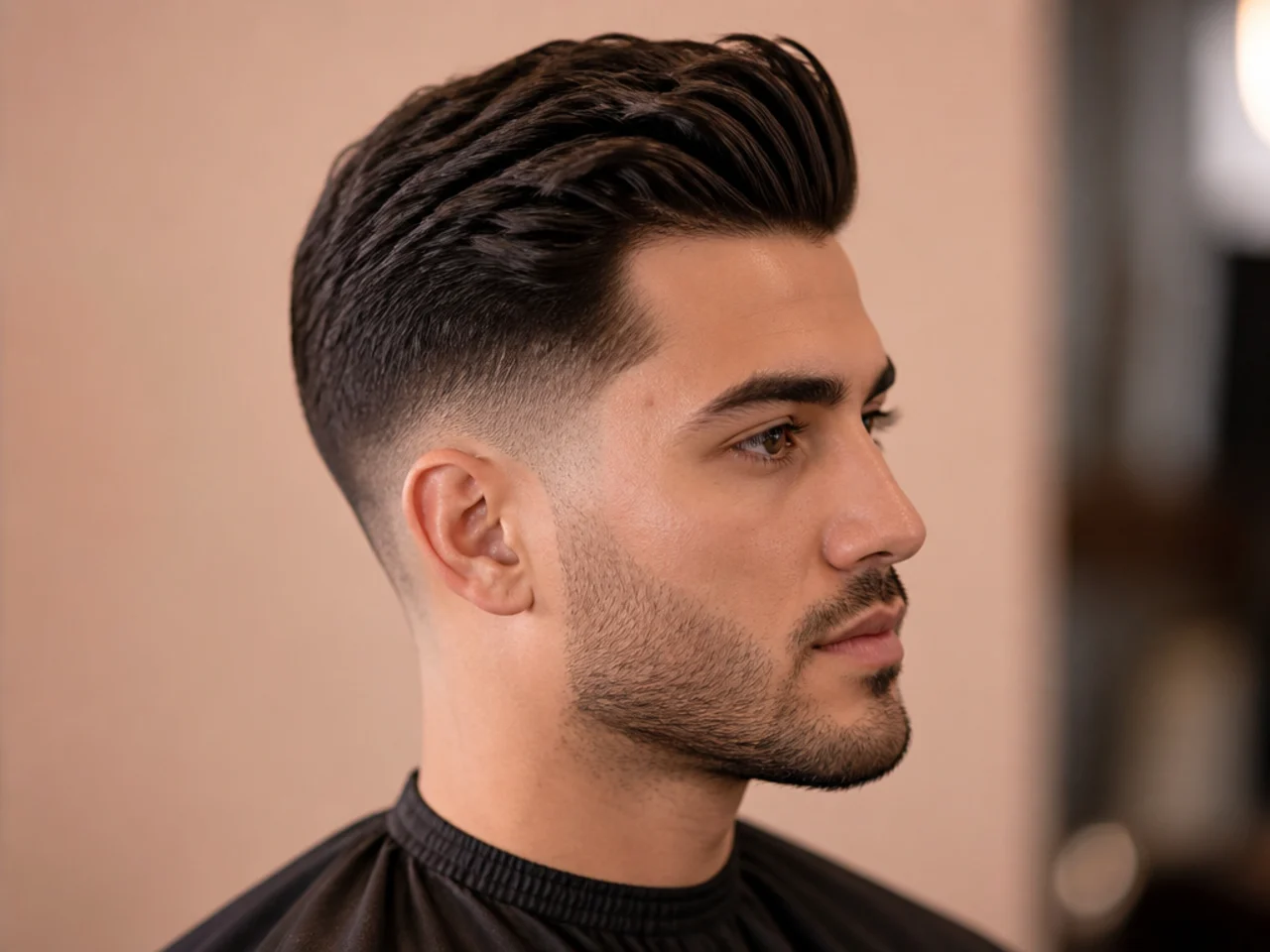 Low taper fade quiff with softer taper at the sideburn instead of a full skin fade