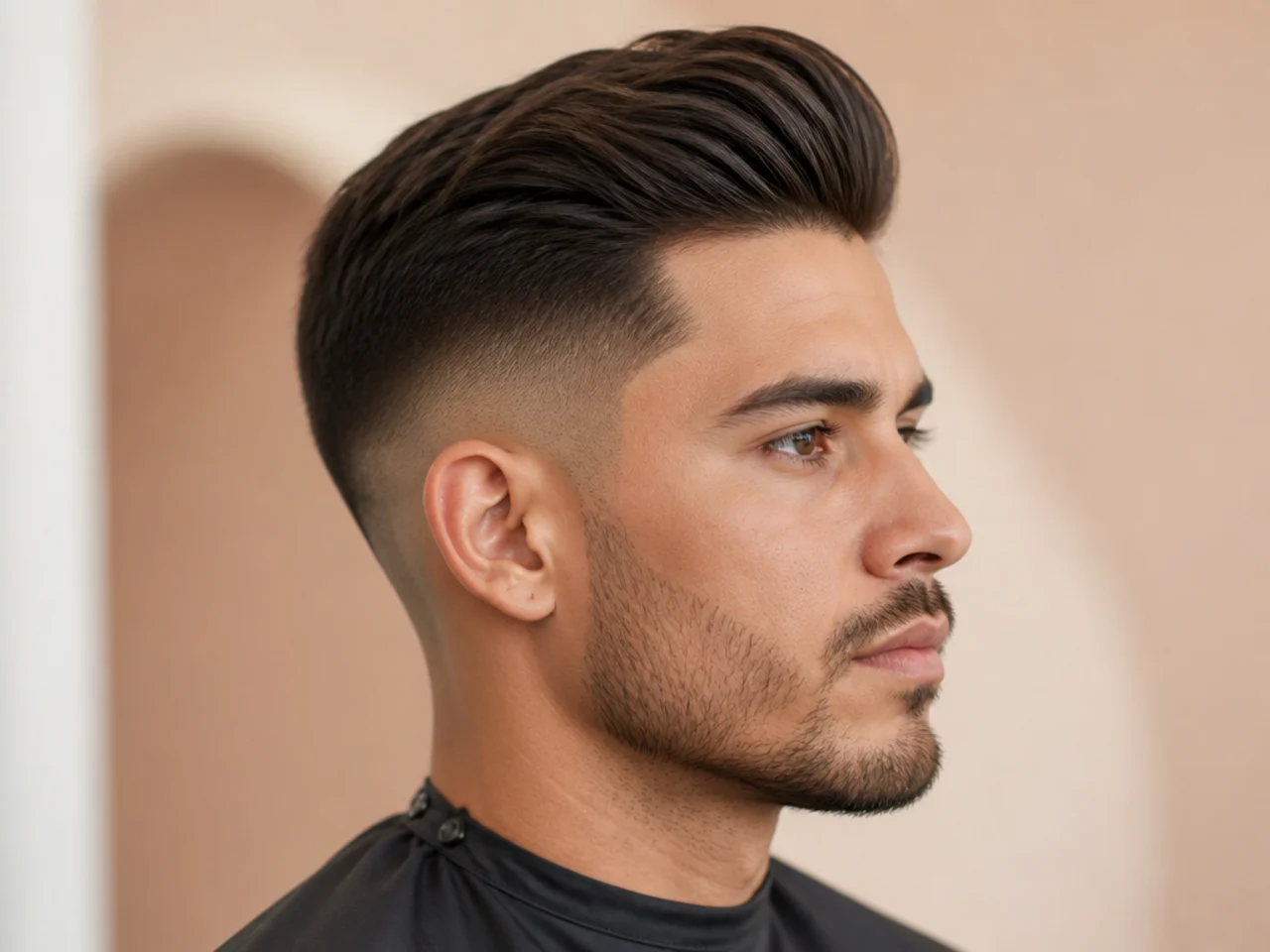 Low skin fade quiff with sharp skin at the sideburn and textured top