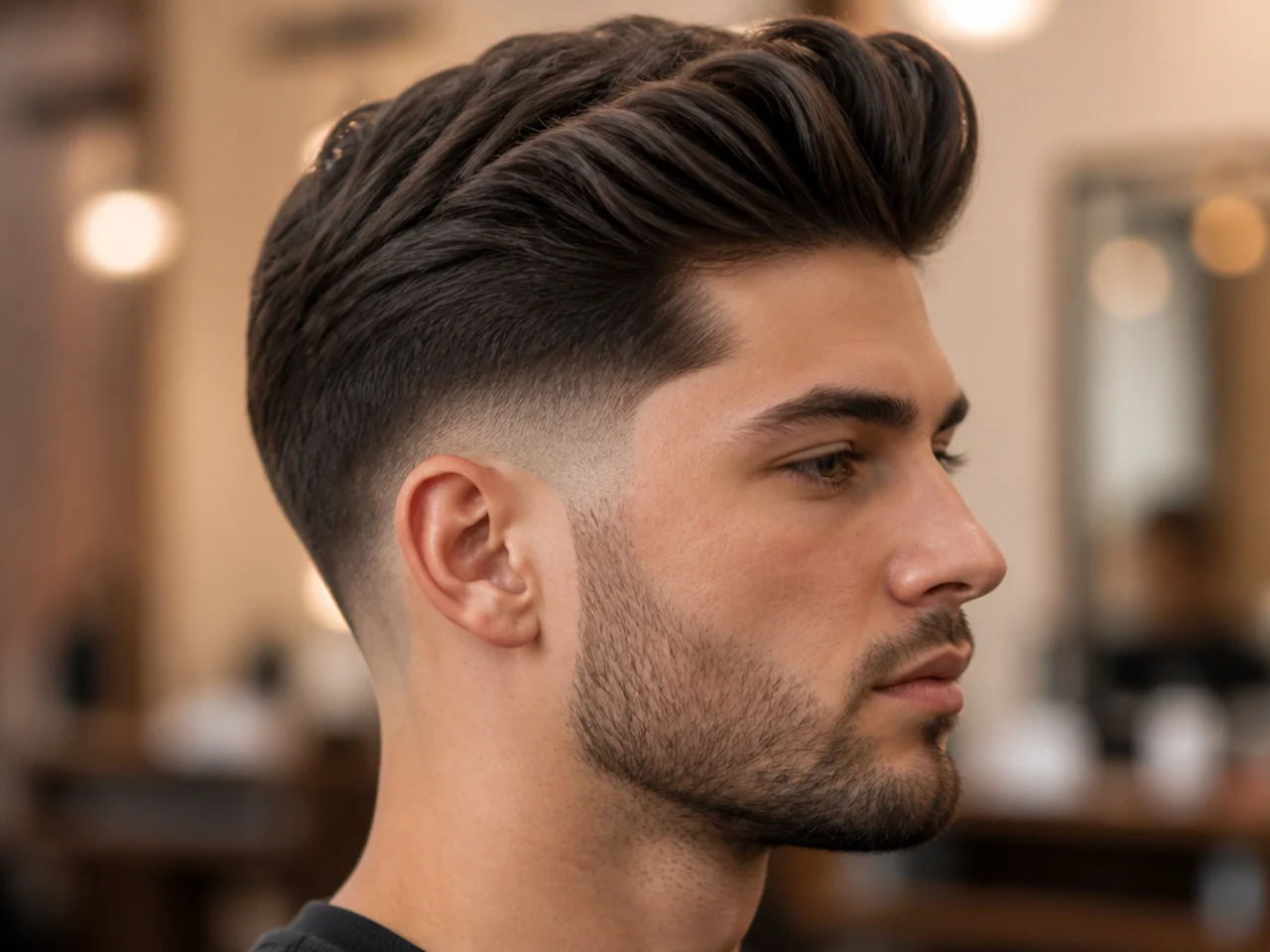 Low drop fade quiff with fade curving down behind the ear