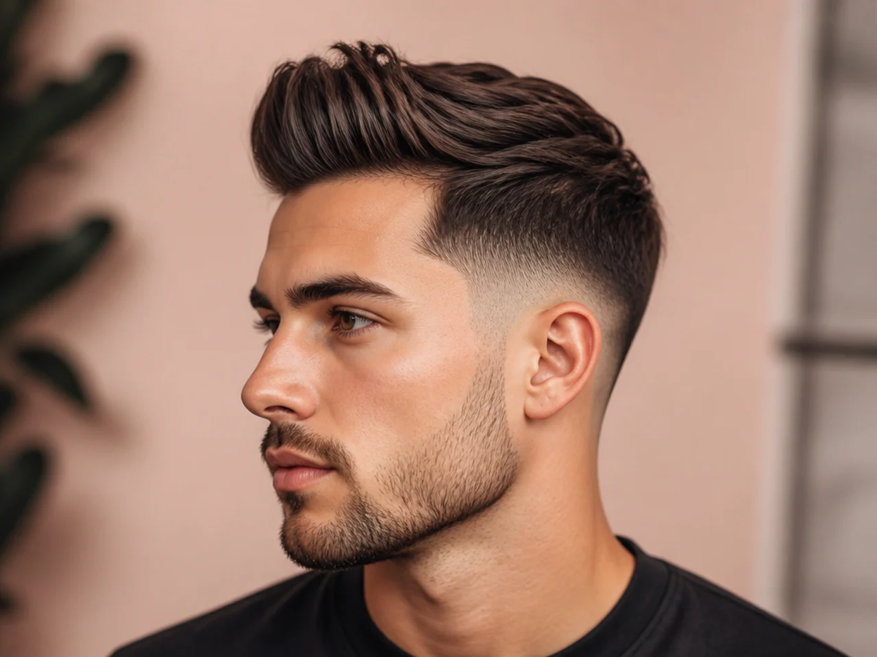 Low burst fade quiff with arc around the ear and quiff on top