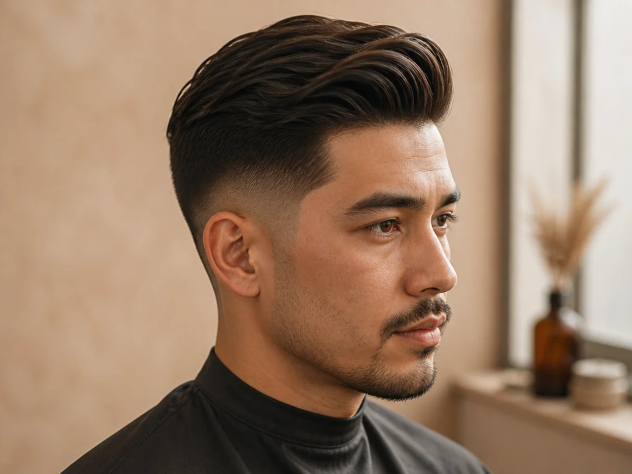 Side-swept low fade quiff with front pushed to one side and low fade sides