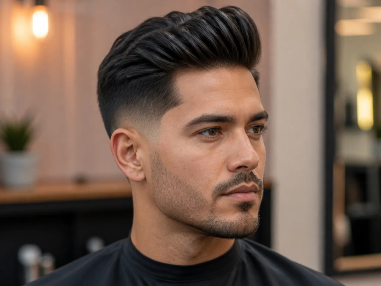 Modern low fade quiff with high-contrast fade and soft textured top
