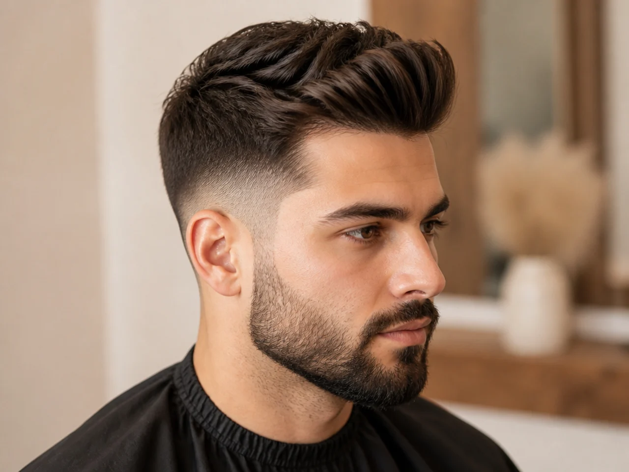 Low fade quiff paired with a full beard on a man in his late twenties