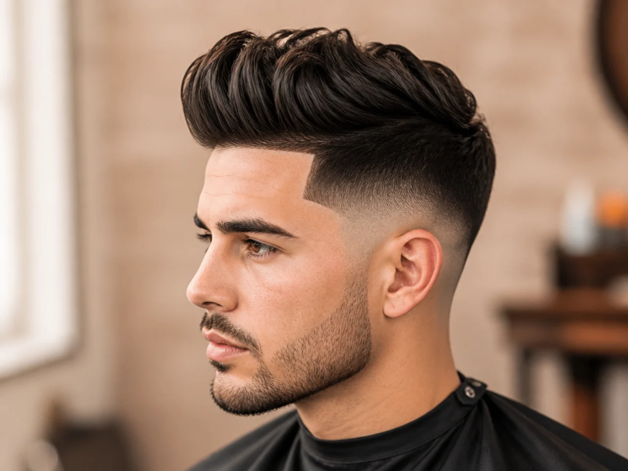 Low fade quiff with sharp razor line-up at the hairline and temples