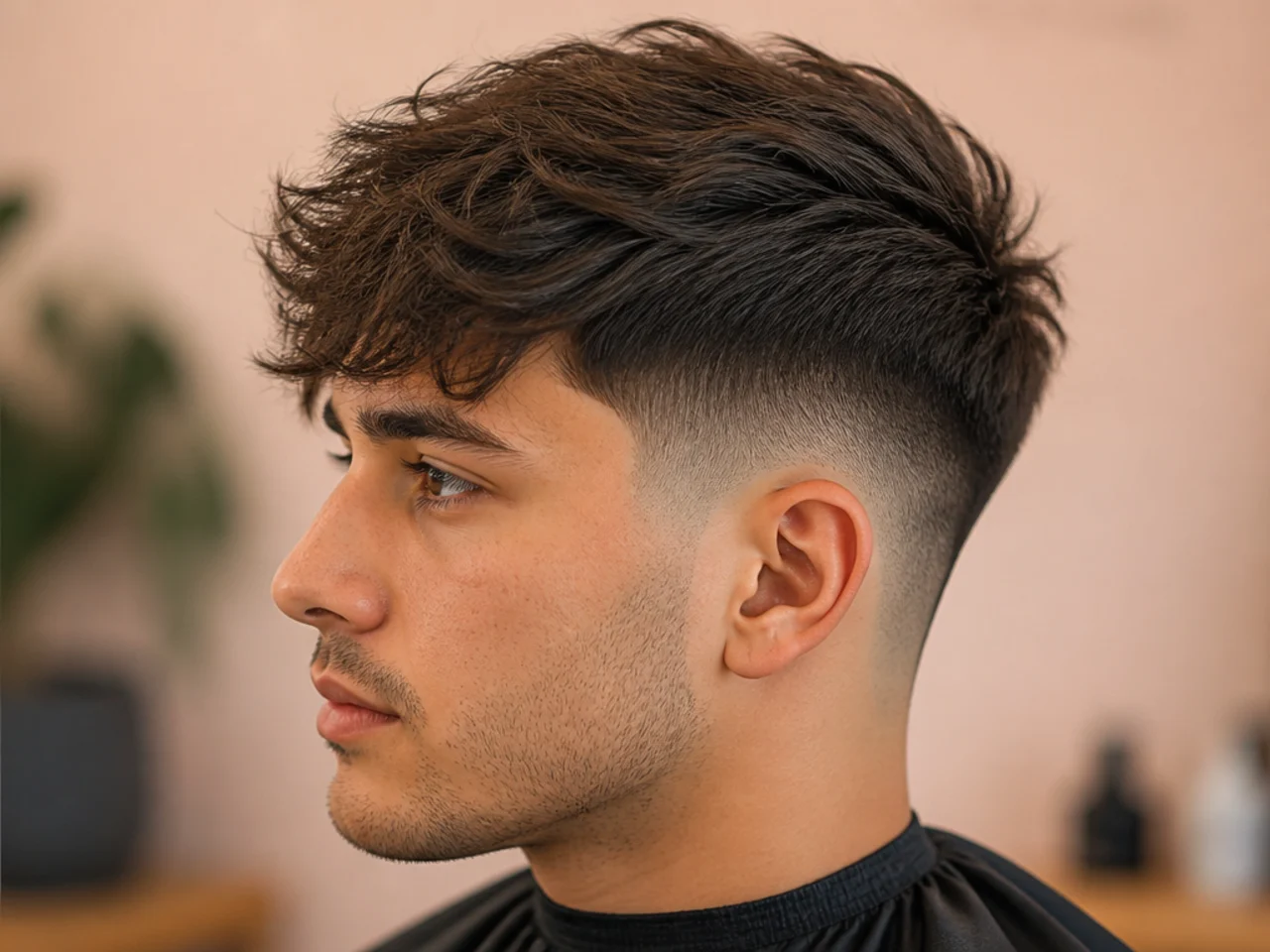 Low fade quiff with textured fringe falling forward over the brow