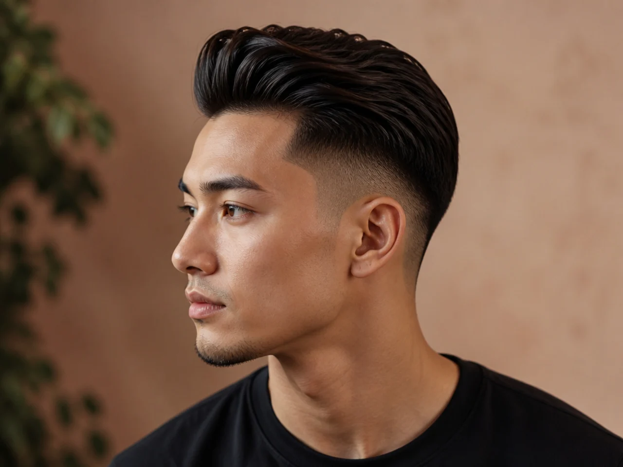 Slicked back low fade quiff with glossy combed top and quiet low fade