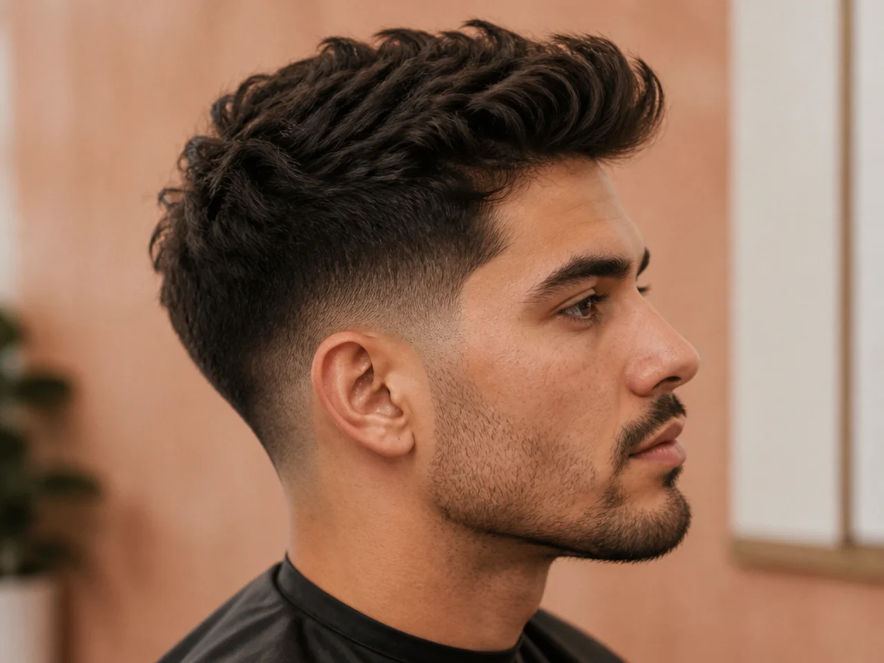 Textured low fade quiff with piecey point-cut layers on top and low fade sides