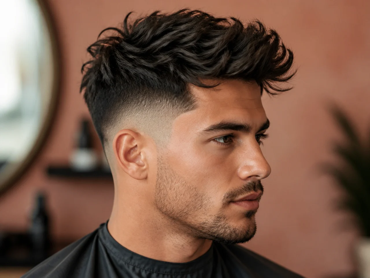 Messy low fade quiff with tousled top and quiet low fade sides