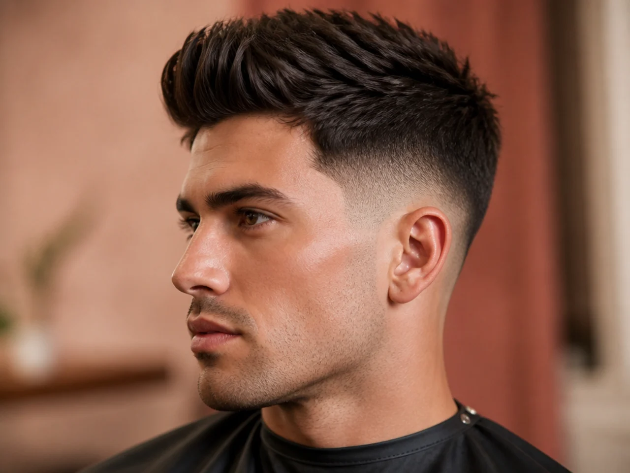 Short low fade quiff with 3-inch top and clean low fade sides