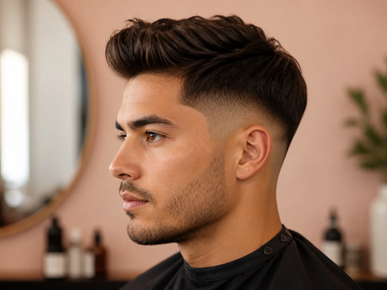 Medium low fade quiff with 5-inch top and softly blended low fade