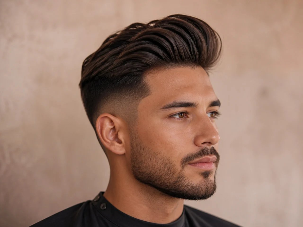 Long low fade quiff with 7-inch top swept back and low fade sides