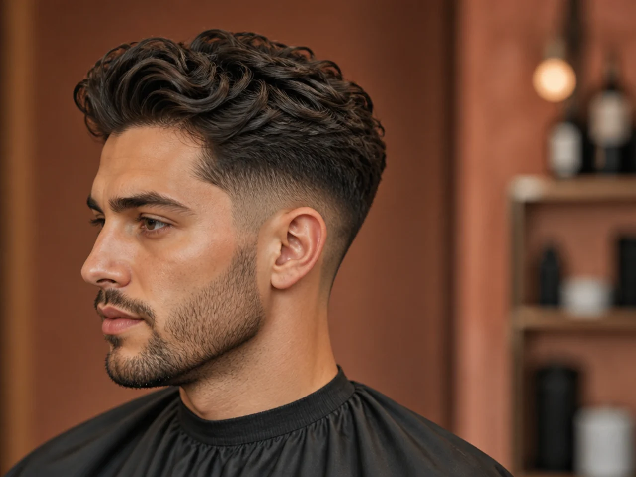 Wavy low fade quiff on a man with natural wave pattern and quiet low fade sides