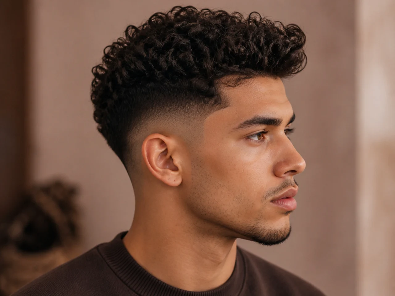 Curly low fade quiff on a man with type 3 curls and clean low fade sides