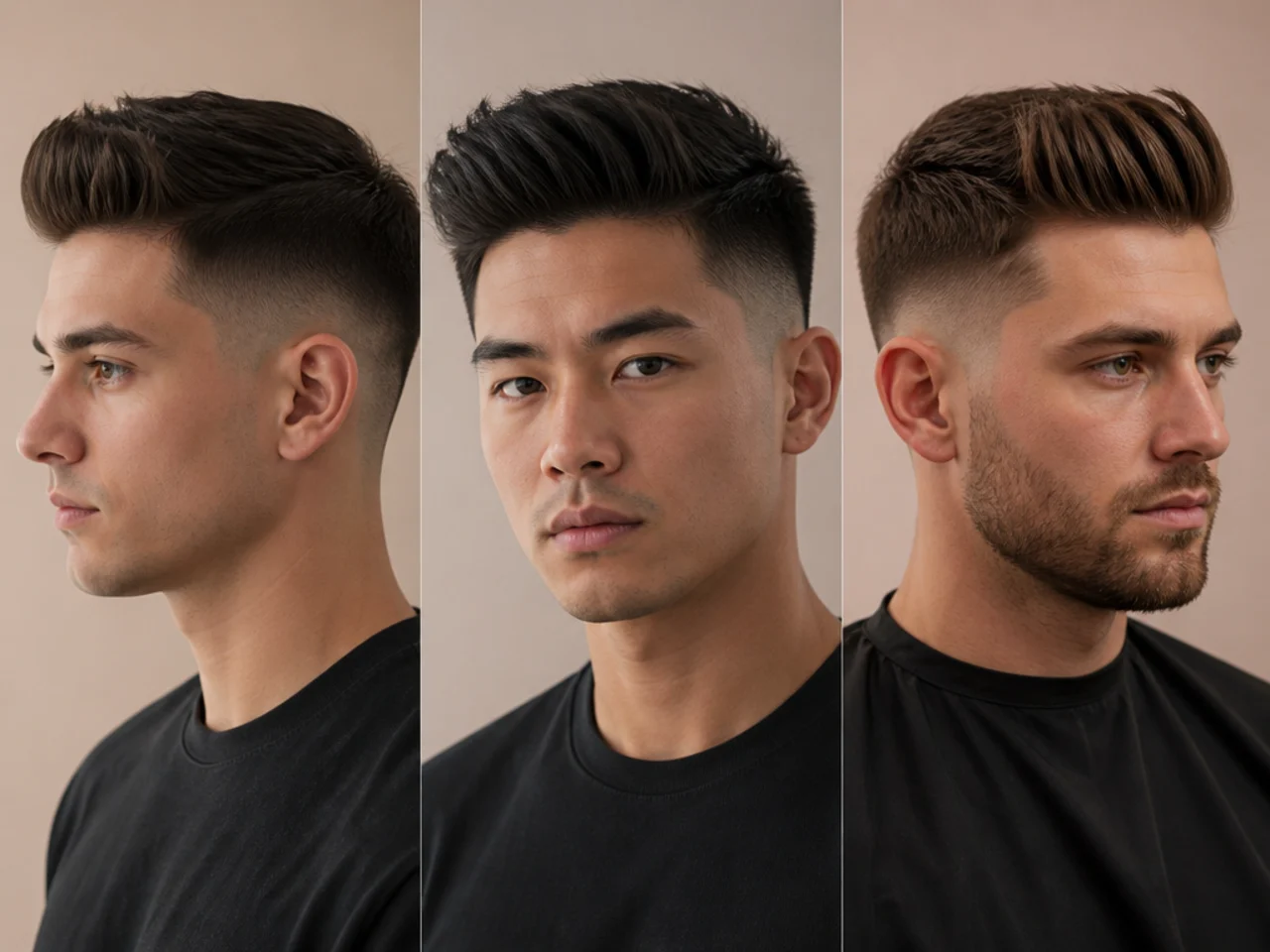 Straight low fade quiff with sleek combed top and clean low fade sides