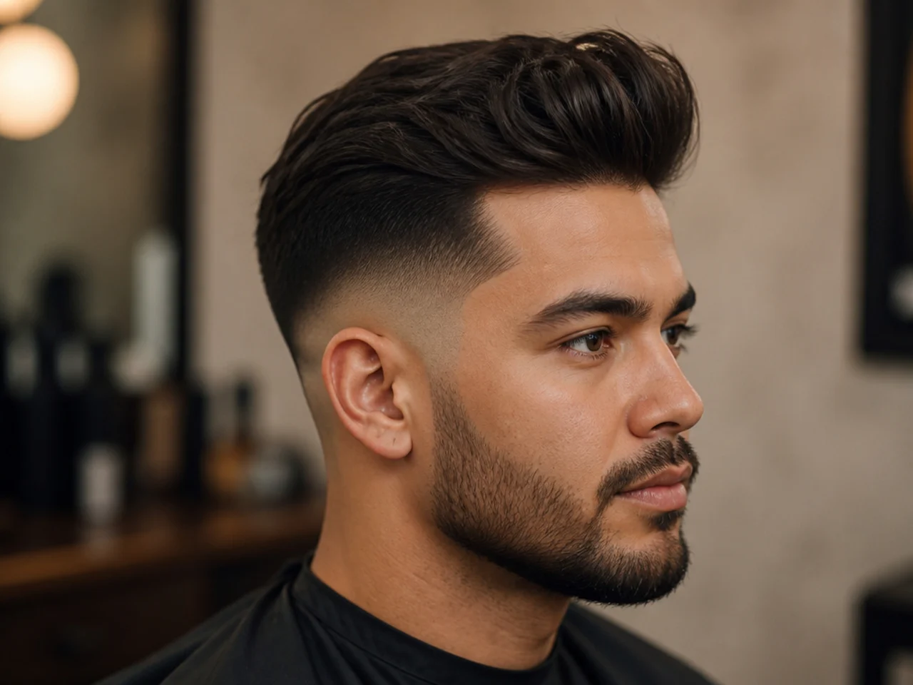 Barber and client discussing low fade quiff reference photos in a modern barbershop
