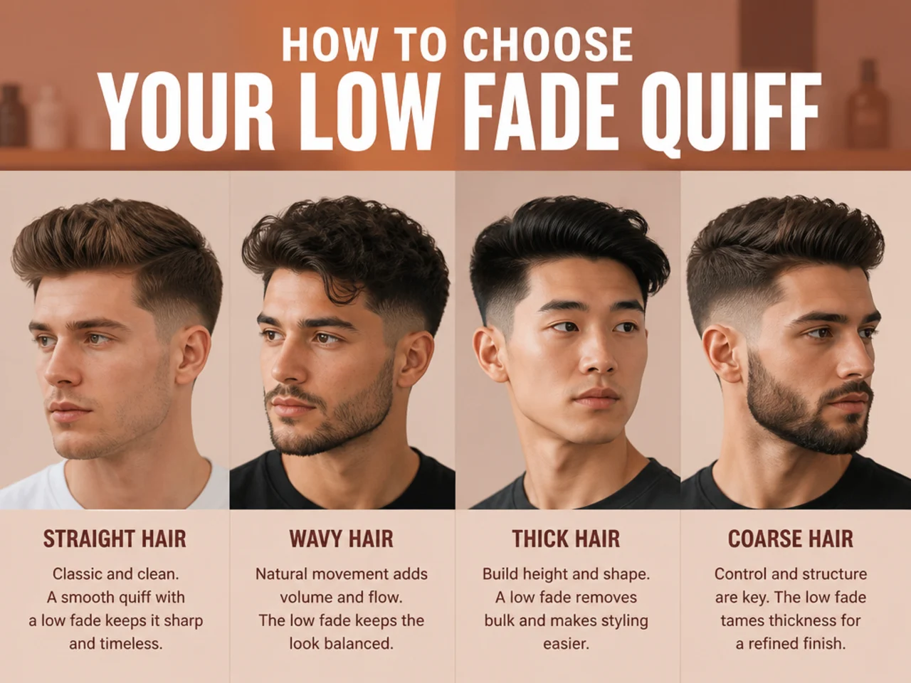 Three men with different face shapes wearing different low fade quiff variations