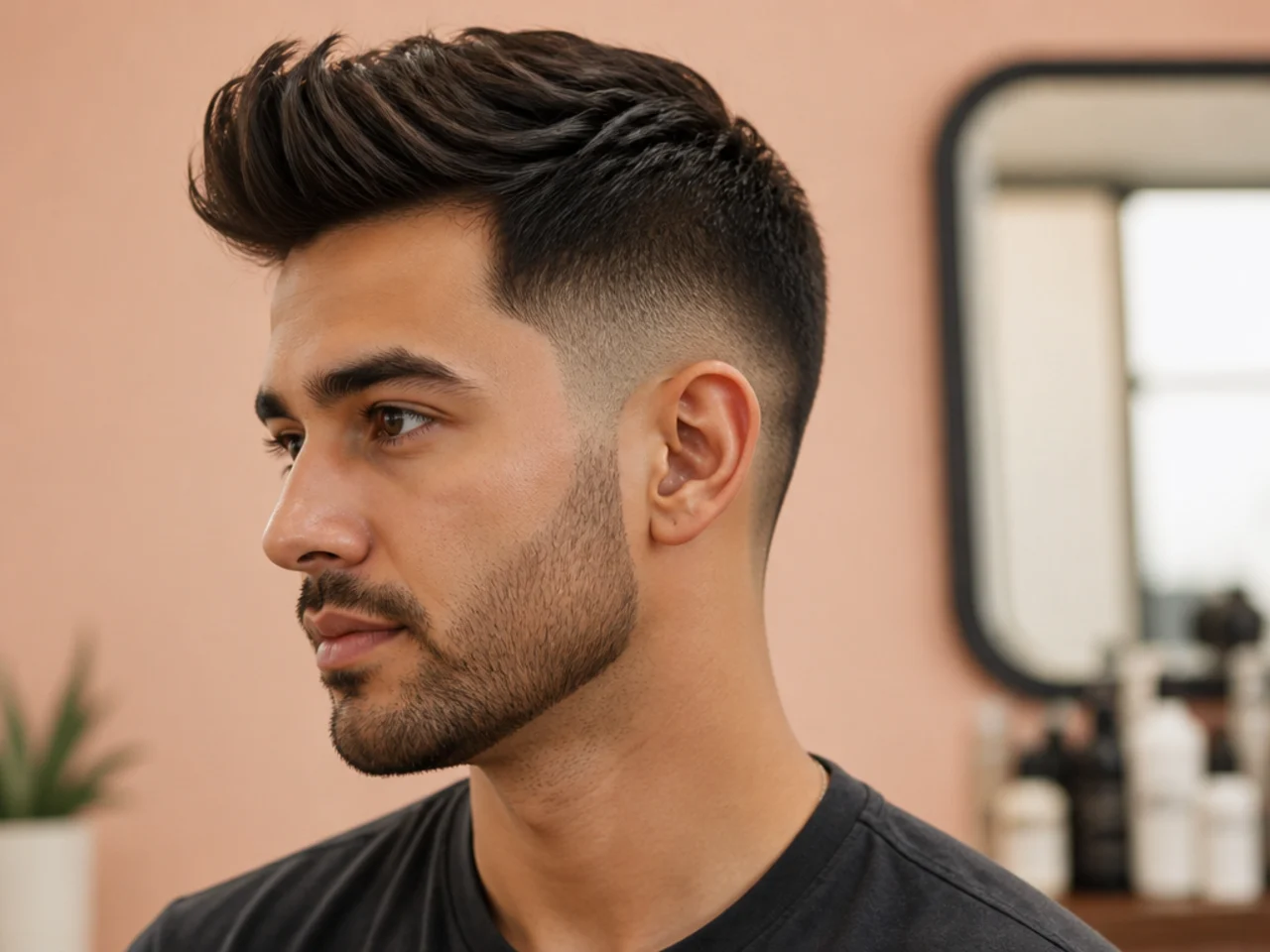 Styling products for a low fade quiff — matte clay, sea-salt spray, medium-hold pomade, blow dryer and round brush