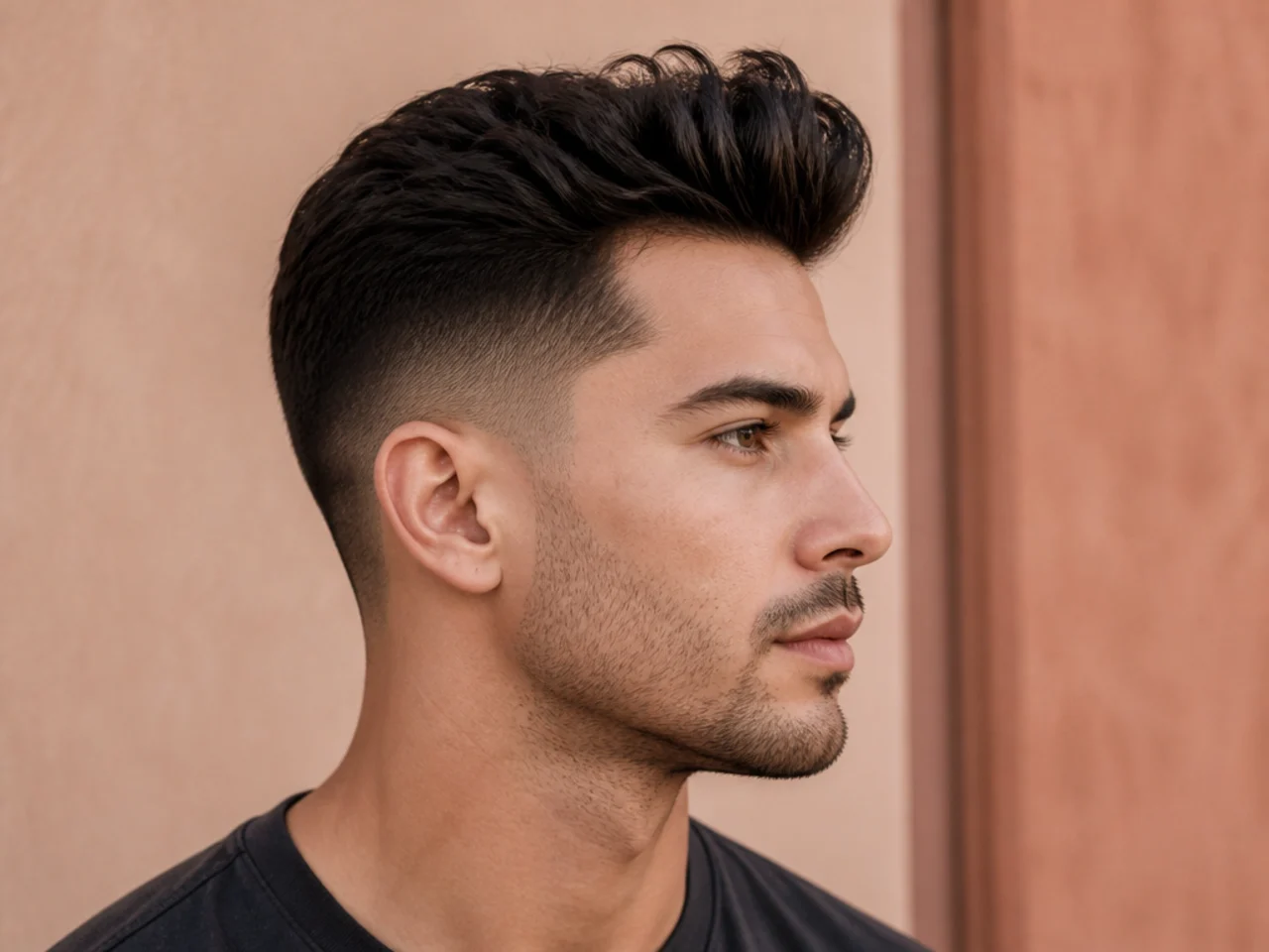 Side profile of a low fade quiff showing where the fade starts above the ear and drops to skin at the sideburn