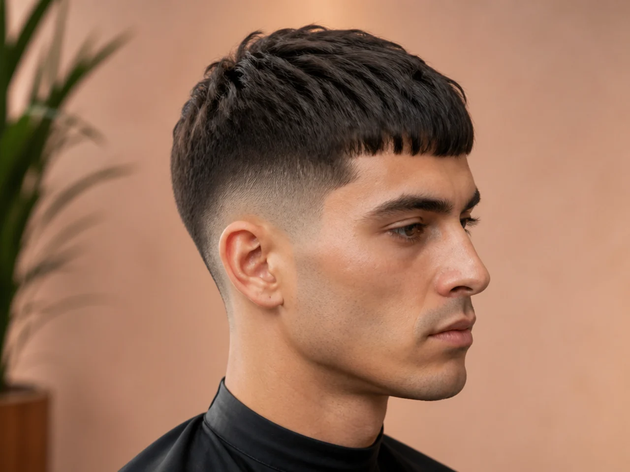 Low fade taper with a French crop — blunt fringe cut straight across the forehead