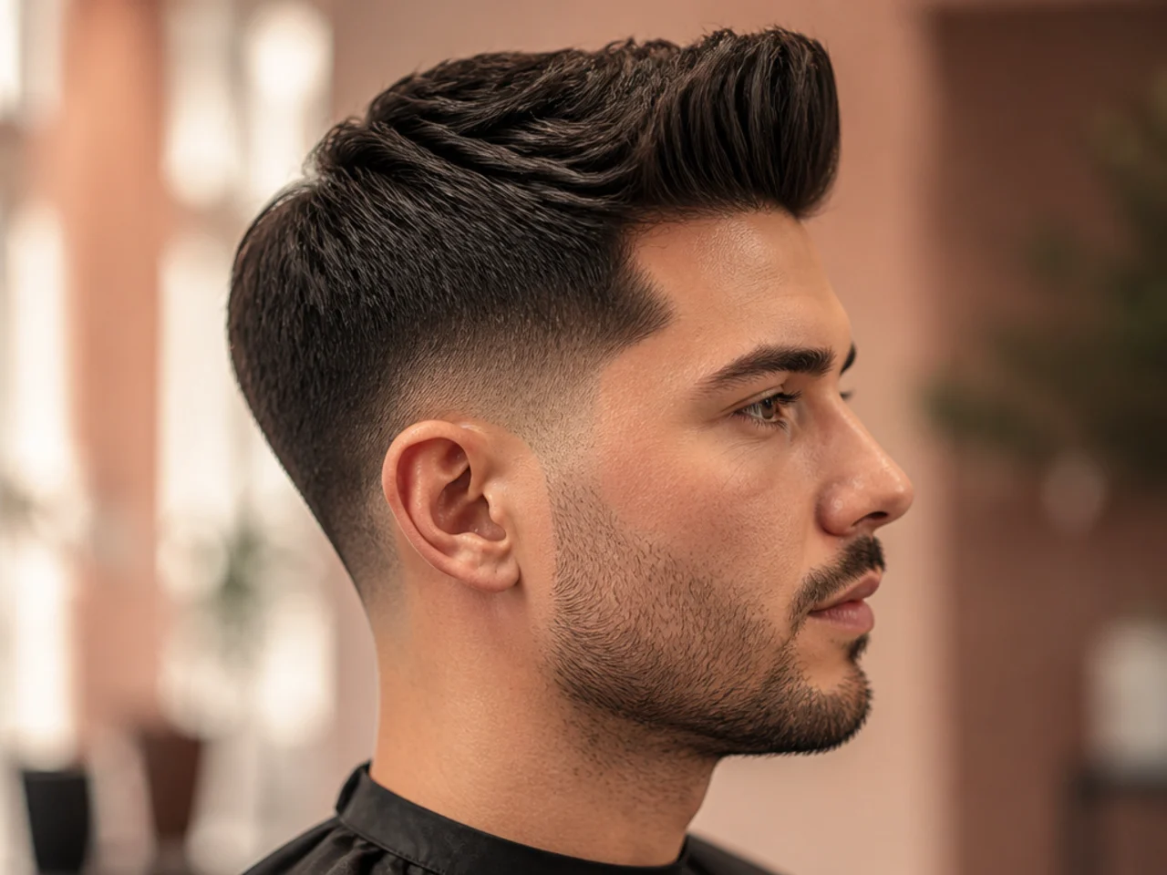 Low fade taper with a quiff on top, front volume sloping softly back