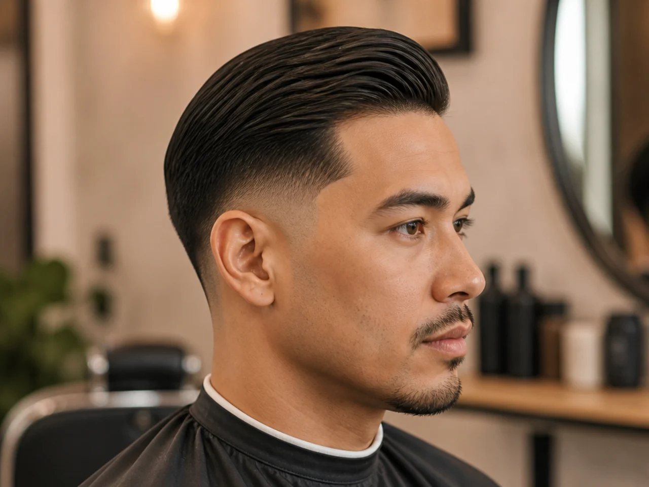 Modern low fade taper comb-over swept from a low side part across the top