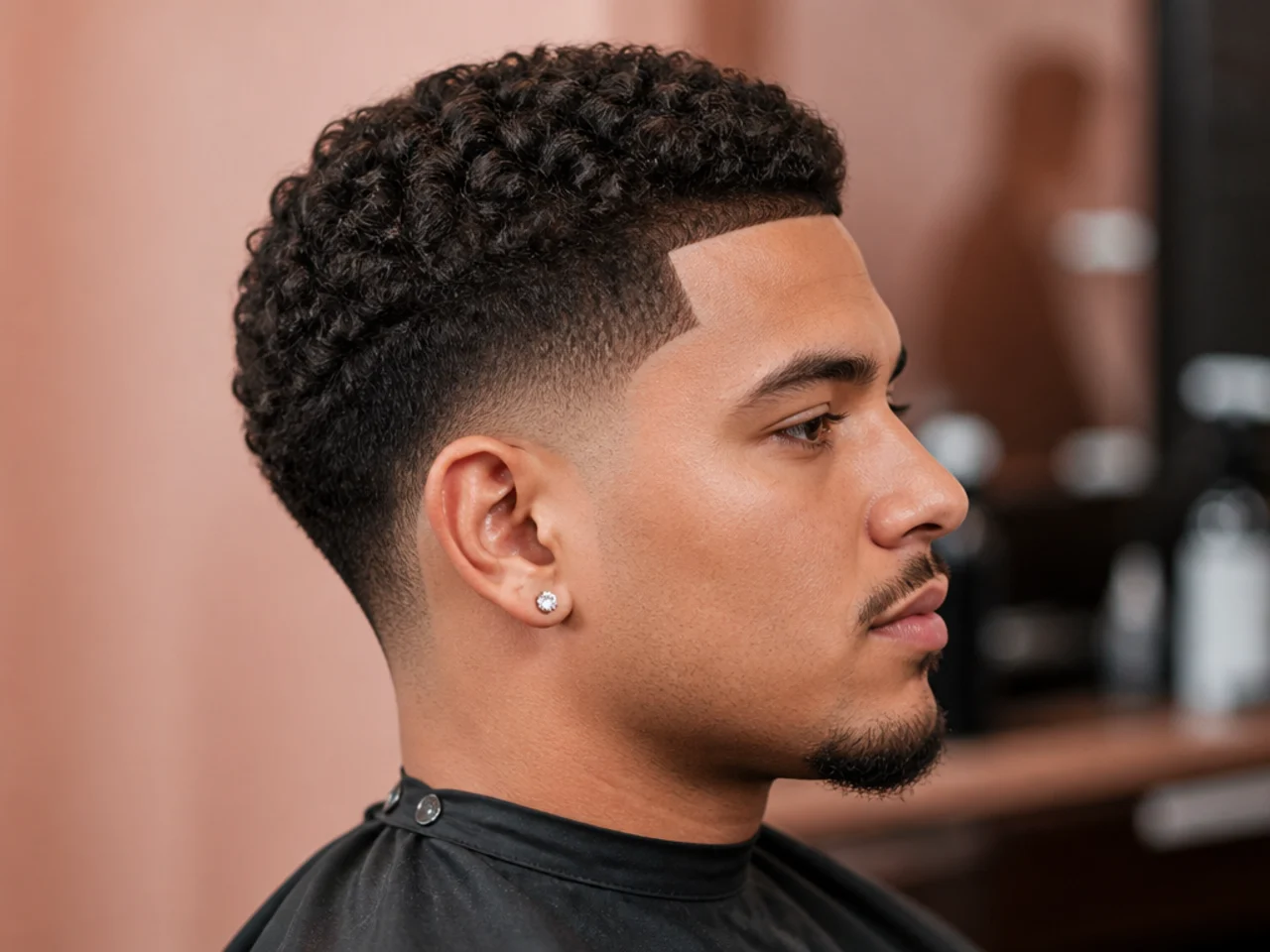 Low fade taper with a sharp razor line-up along the forehead and temples