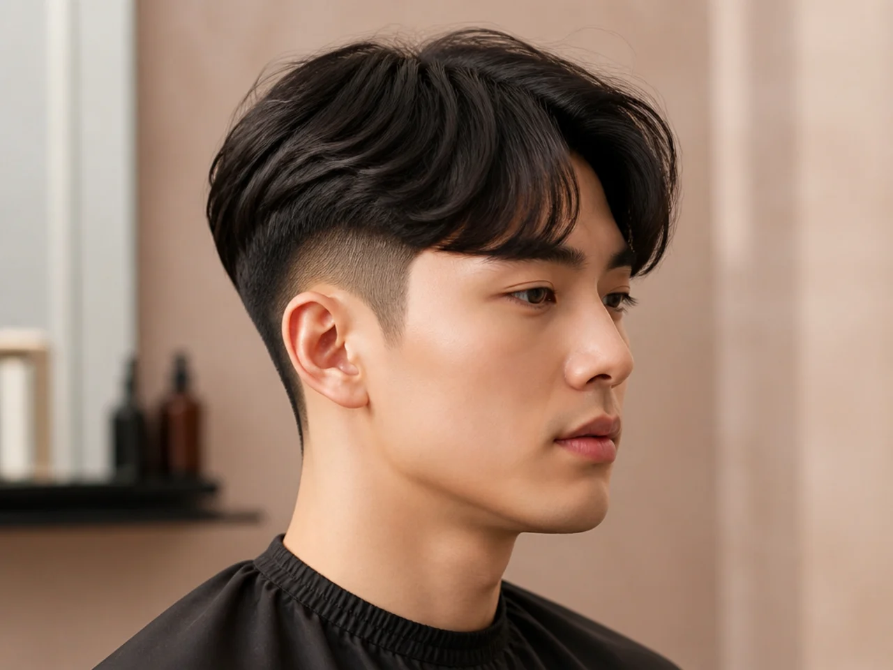 Low fade taper with a Korean-style textured top and side-swept fringe