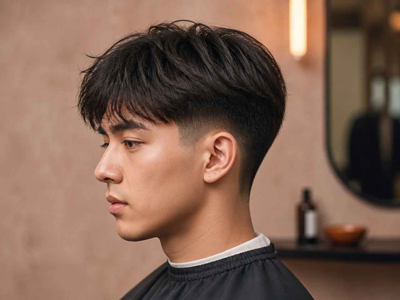 Two-block haircut with a low fade taper — disconnected longer top and tight sides