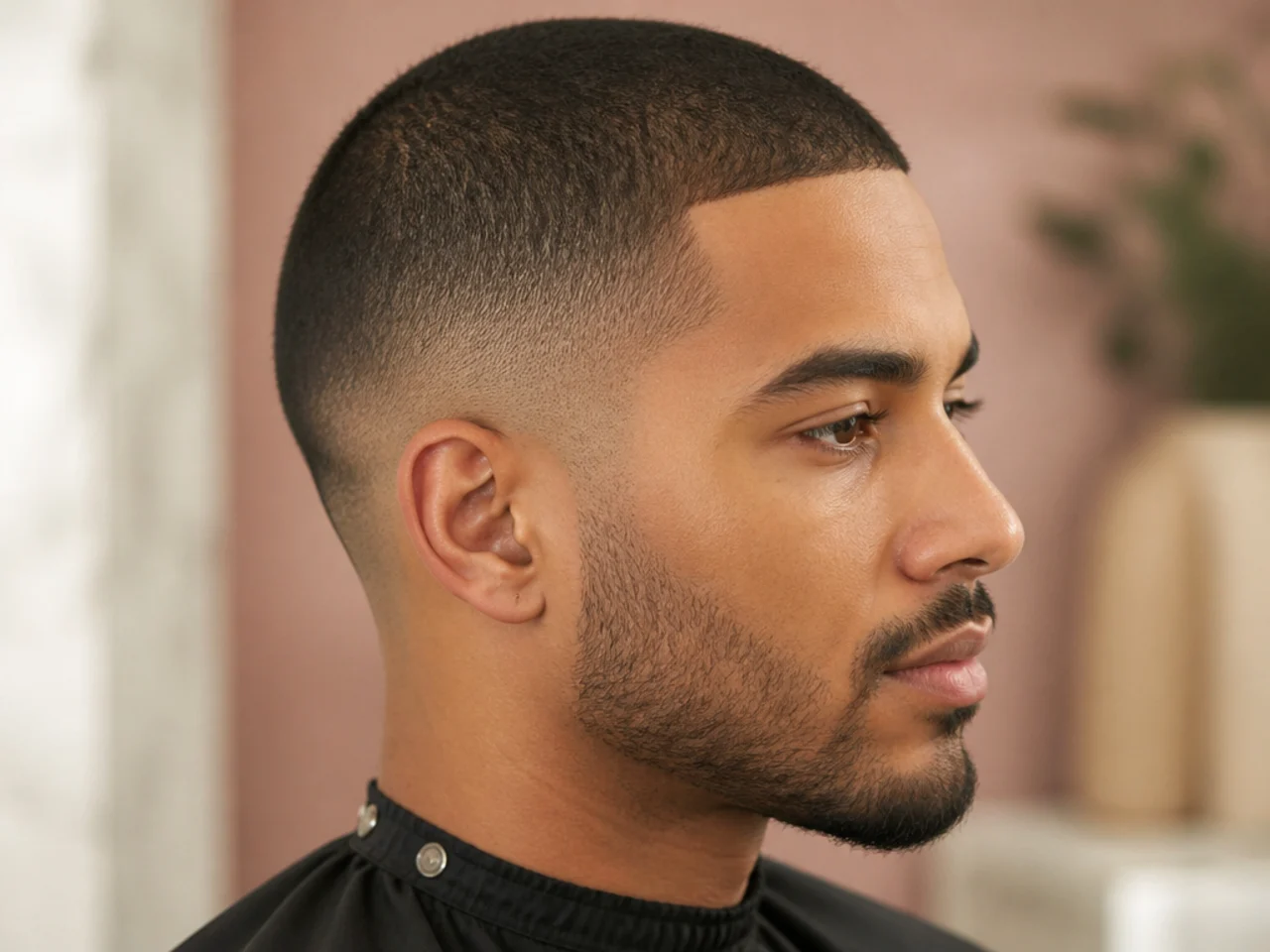 Low fade taper with a short number-3 buzz on top for men