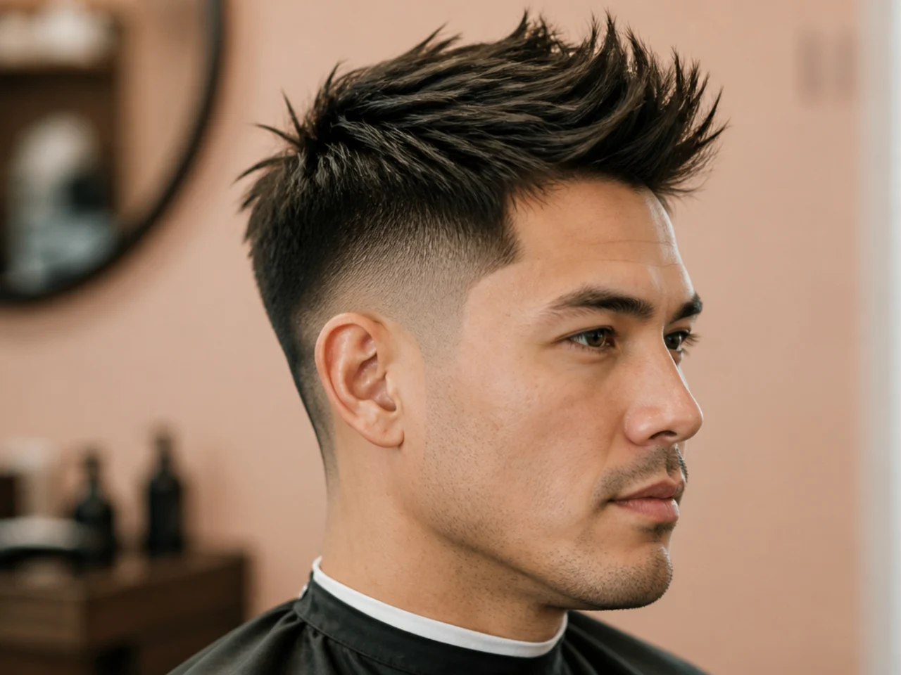 Low fade taper faux hawk with a central strip styled upward