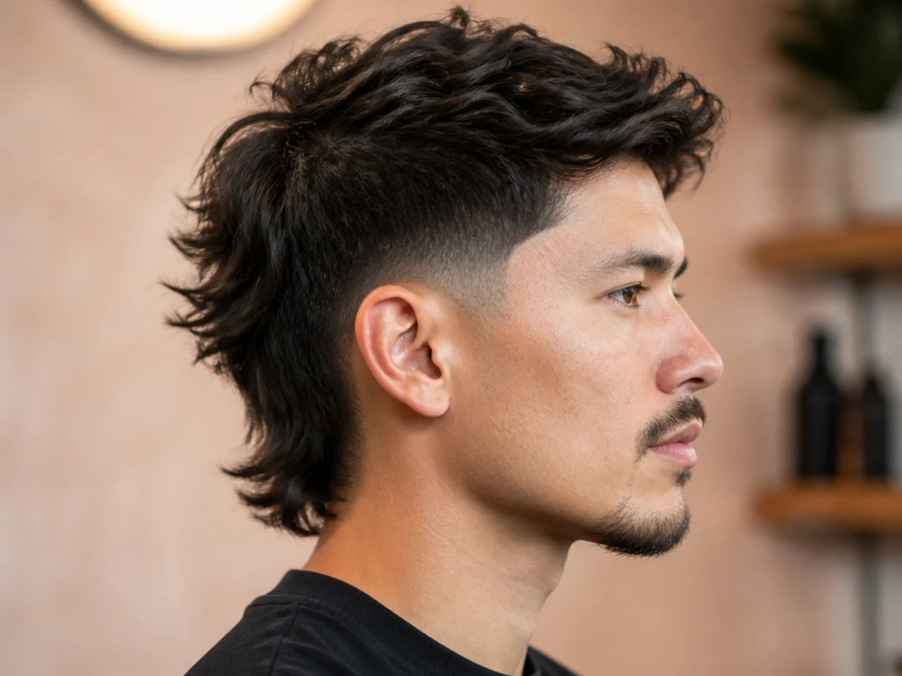 Low fade taper wolf cut with heavy layered top and disconnected back on wavy hair