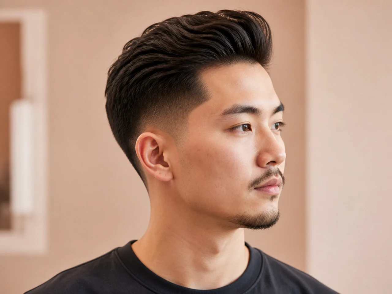 Low fade taper with a brushed-up textured top on straight hair