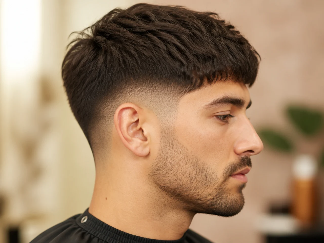 Low fade taper paired with a short textured crop on top, matte finish, point-cut ends