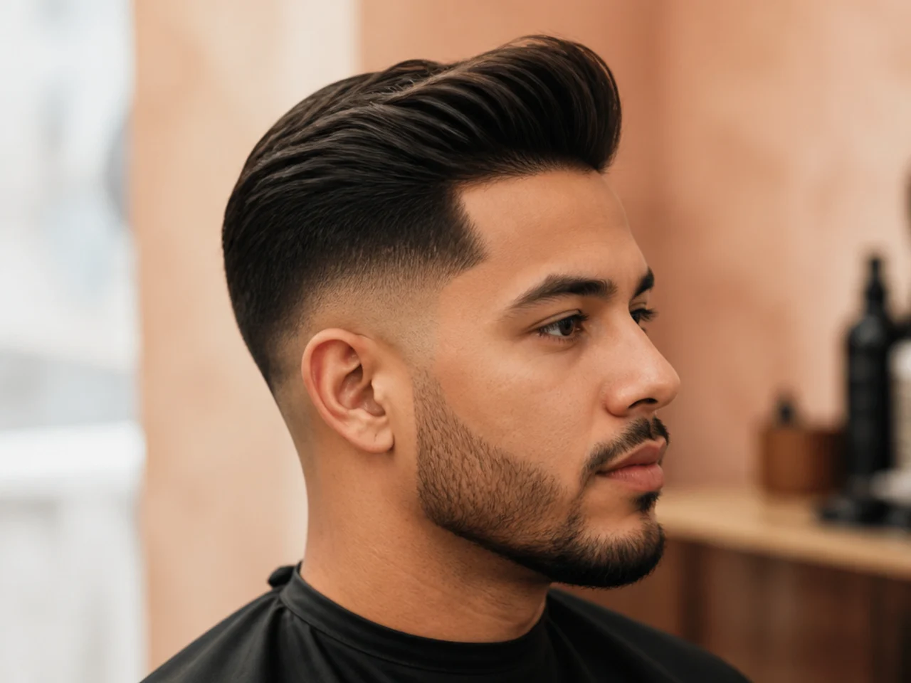 Low fade taper with a retro pompadour on top, height and volume at the front