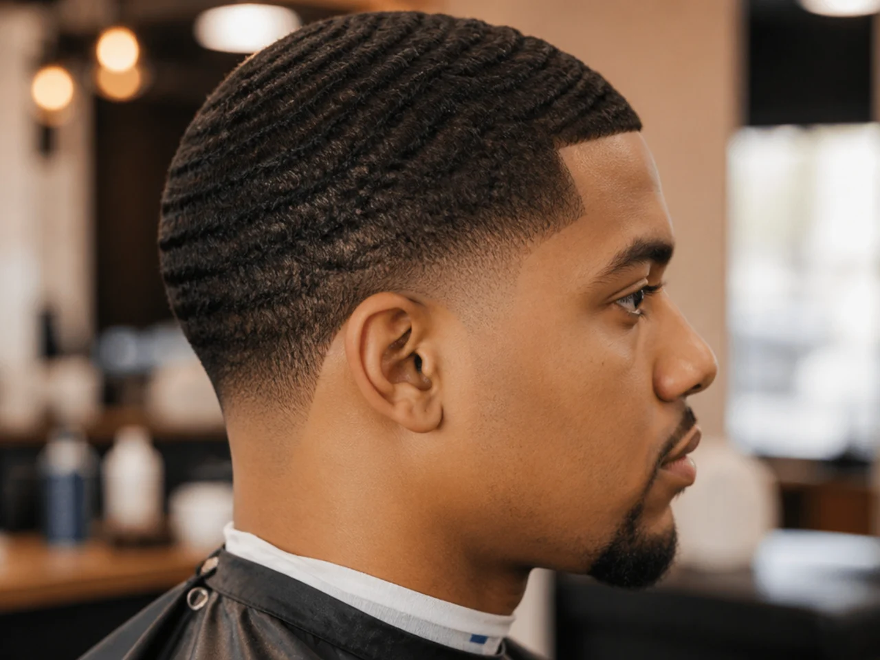 Low fade taper with 360 waves brushed into a coarse short top