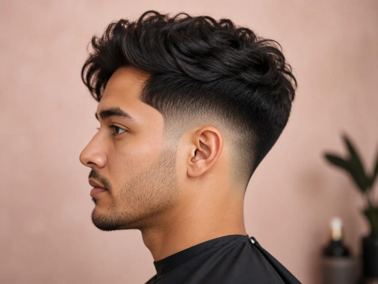 Low fade taper with a long-top swept-back medium-length style on thick wavy hair