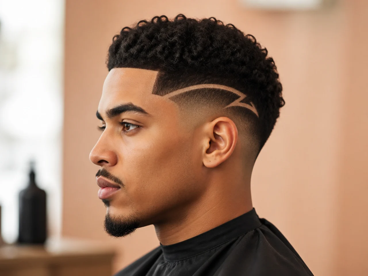 Low fade taper with a razor design line etched into the temple