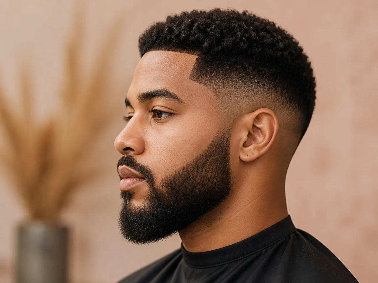 Low fade taper blended into a groomed medium-length beard at the sideburn
