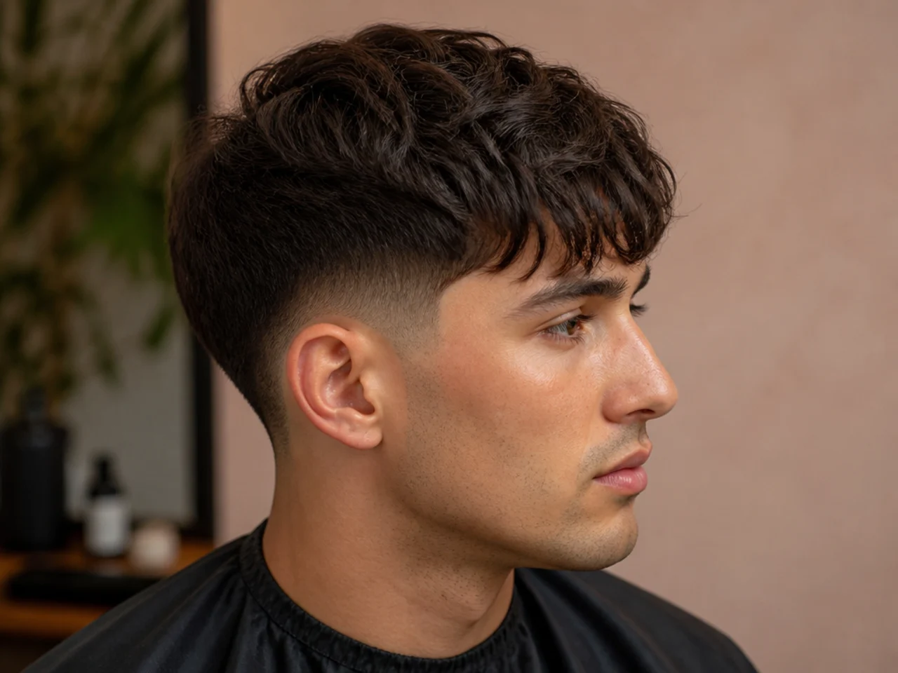 Low fade taper with a textured tousled fringe falling across the forehead