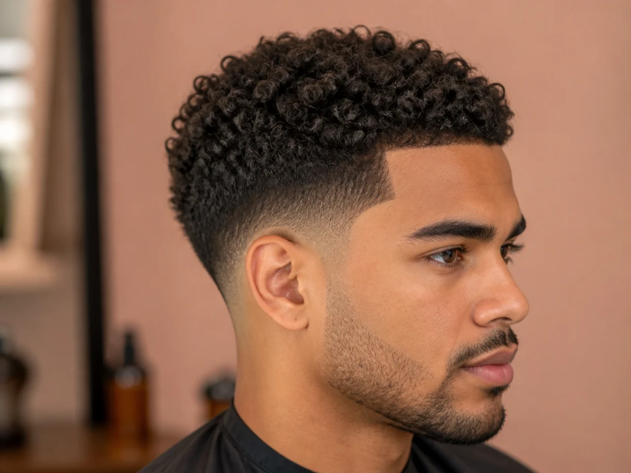 Low fade taper with defined curls left long on top and clean tapered sides
