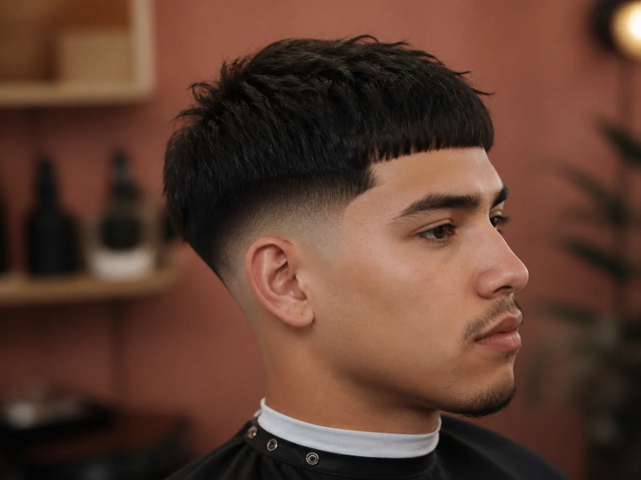 Low fade taper paired with an Edgar cut — straight blunt fringe across the forehead