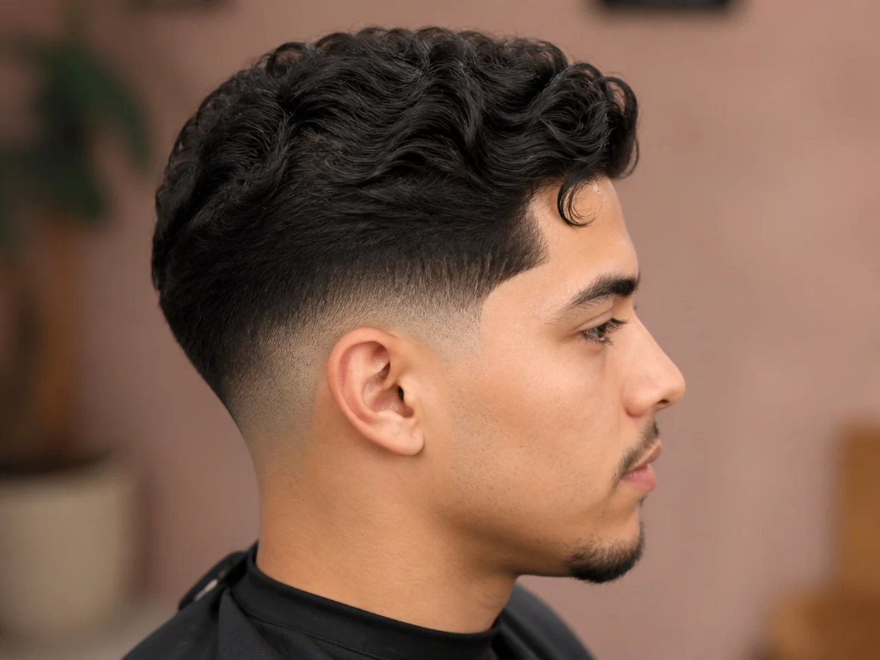 Low fade taper with a swept forward comma-shaped fringe on straight East Asian hair