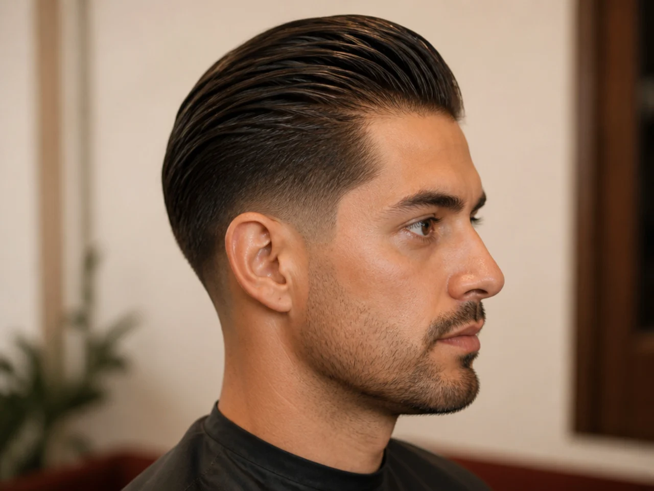 Low fade taper with a glossy slick-back on medium-length straight hair