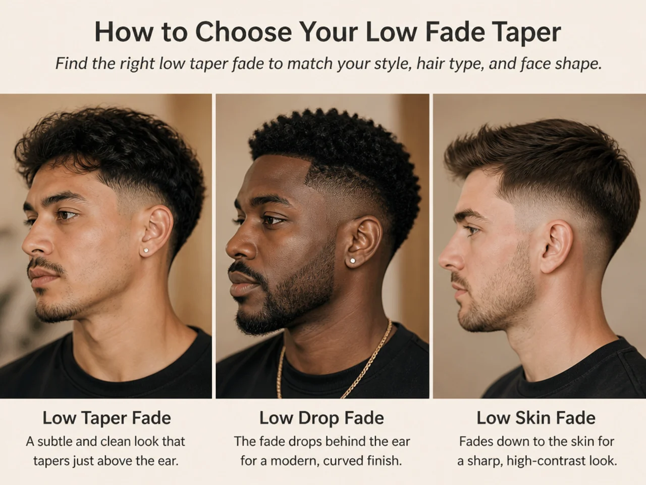 Reference layout of clipper guards, a barber comb, and a face-shape chart for planning a low fade taper